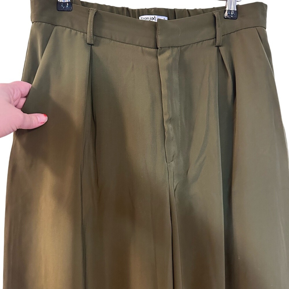 Tronjori Olive Green Wide Leg Pleated Palazzo‎ Pants Size L - Picture 3 of 5